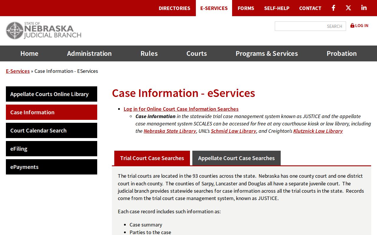Chase County warrant check using Nebraska JUSTICE case search